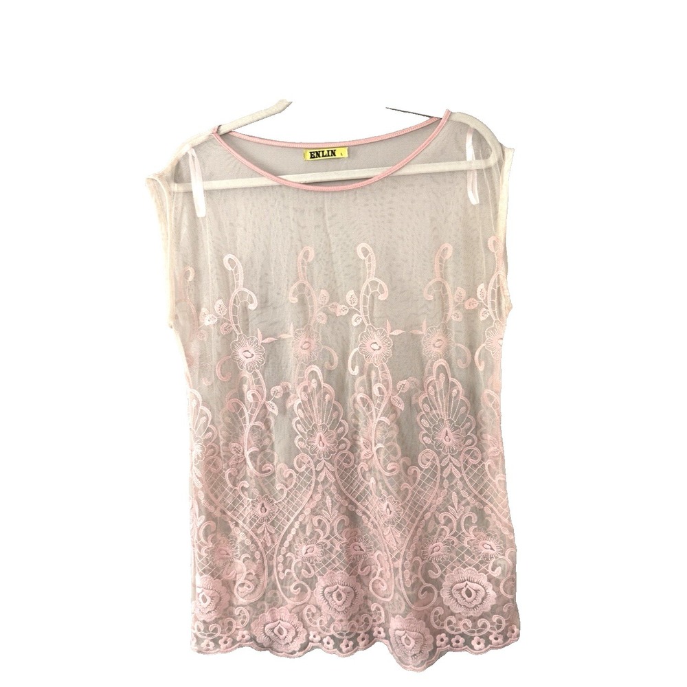 Whimsigoth Large Sheer Mesh Top All Over Lace Floral Pink Coquette Fairy Fest